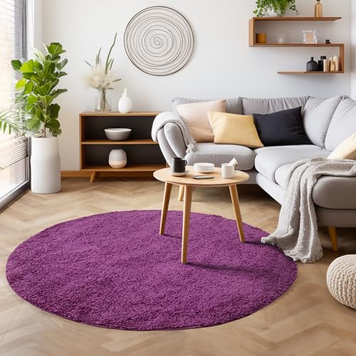 SIMPEX Flauschiger Teppich Rund Wohnzimmer Lila Schlafzimmer Läufer Flur Esszimmer Küchenteppich Hochflor Einfarbig Modernes Design 30 mm Florhöhe Kuschelweich Größe: 80 cm Rund von SIMPEX