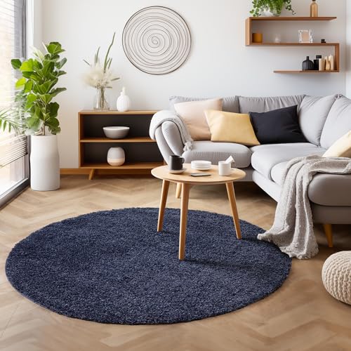 SIMPEX Flauschiger Teppich Rund Wohnzimmer Navyblau Schlafzimmer Läufer Flur Esszimmer Küchenteppich Hochflor Einfarbig Modernes Design 30 mm Florhöhe Kuschelweich Größe: 200 cm Rund von SIMPEX