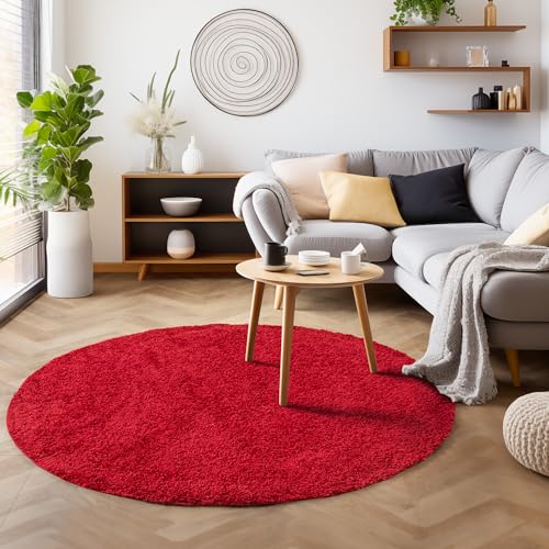 SIMPEX Flauschiger Teppich Rund Wohnzimmer Rot Schlafzimmer Läufer Flur Esszimmer Küchenteppich Hochflor Einfarbig Modernes Design 30 mm Florhöhe Kuschelweich Größe: 80 cm Rund von SIMPEX