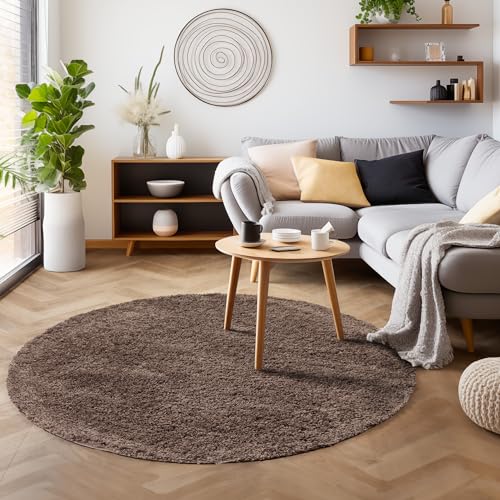 SIMPEX Flauschiger Teppich Wohnzimmer Schlafzimmer Läufer Flur Esszimmer Küchenteppich Hochflor Einfarbig Modernes Design 30 mm Florhöhe Kuschelweich, Taupe, 200 cm Rund von SIMPEX
