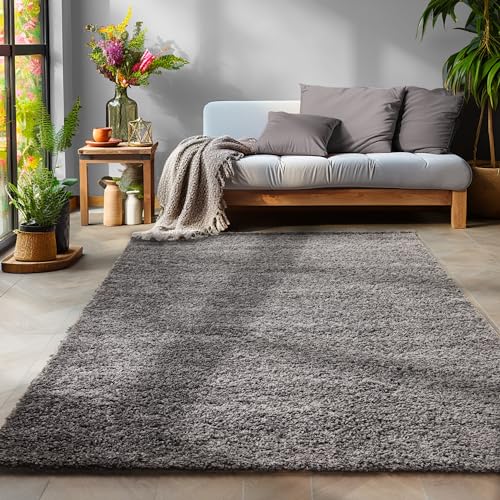 SIMPEX Flauschiger Teppich Wohnzimmer Schlafzimmer Läufer Flur Esszimmer Küchenteppich Hochflor Einfarbig Modernes Design 30 mm Florhöhe Kuschelweich, Grau, 120 x 170 cm von SIMPEX