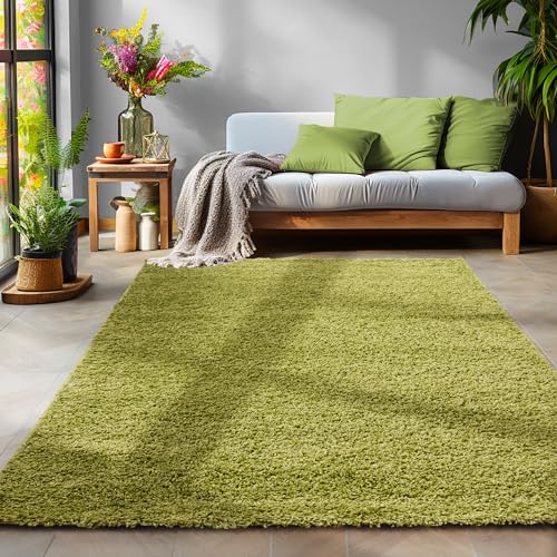 SIMPEX Flauschiger Teppich Wohnzimmer Grün Schlafzimmer Läufer Flur Esszimmer Küchenteppich Hochflor Einfarbig Modernes Design 30 mm Florhöhe Kuschelweich Größe: 60 x 110 cm von SIMPEX