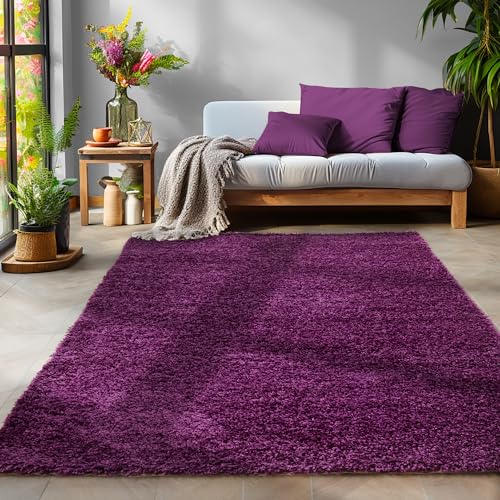 SIMPEX Flauschiger Teppich Wohnzimmer Schlafzimmer Läufer Flur Esszimmer Küchenteppich Hochflor Einfarbig Modernes Design 30 mm Florhöhe Kuschelweich, Violett, 240 x 340 cm von SIMPEX