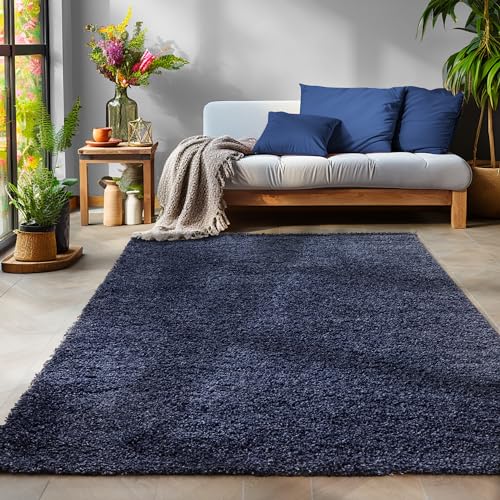 SIMPEX Flauschiger Teppich Wohnzimmer Schlafzimmer Läufer Flur Esszimmer Küchenteppich Hochflor Einfarbig Modernes Design 30 mm Florhöhe Kuschelweich, Marineblau, 240 x 340 cm von SIMPEX