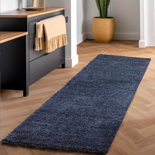 SIMPEX Flauschiger Teppich Wohnzimmer Navyblau Schlafzimmer Läufer Flur Esszimmer Küchenteppich Hochflor Einfarbig Modernes Design 30 mm Florhöhe Kuschelweich Größe: 80 x 150 cm von SIMPEX