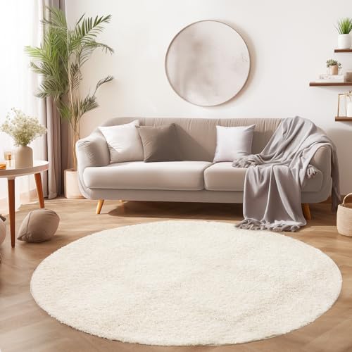 SIMPEX Flauschiger Teppich Wohnzimmer Schlafzimmer Läufer Flur Esszimmer Küchenteppich Hochflor Einfarbig Modernes Design 30 mm Florhöhe Kuschelweich, Creme, 80 cm Rund von SIMPEX