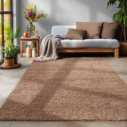 Flauschiger Teppich Wohnzimmer Schlafzimmer Läufer Flur Esszimmer Küchenteppich Hochflor Einfarbig Modernes Design 30 mm Florhöhe Kuschelweich, Mokka, 140 x 200 cm von SIMPEX