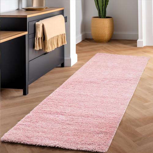 Flauschiger Teppich Wohnzimmer Schlafzimmer Läufer Flur Esszimmer Küchenteppich Hochflor Einfarbig Modernes Design 30 mm Florhöhe Kuschelweich, Rosa, 60 x 110 cm von SIMPEX