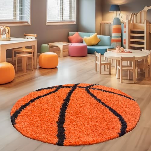 SIMPEX Hochflor Kinderteppich Rund Basketball Design Teppich Kinderzimmer Junge 120 cm Runder Teppich Orange und Schwarz Spielteppich für Junge und Mädchen Extra Weich von SIMPEX