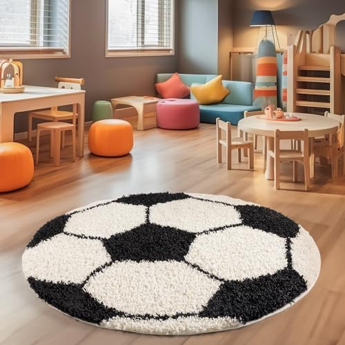 SIMPEX Hochflor Kinderteppich Rund Fußball Design Teppich Kinderzimmer Junge 100 cm Runder Teppich Schwarz und Weiß Spielteppich für Junge und Mädchen Extra Weich von SIMPEX