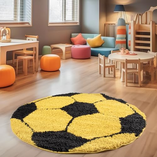SIMPEX Hochflor Kinderteppich Rund Fußball Design Teppich Kinderzimmer Junge 120 cm Runder Teppich Gelb und Schwarz Spielteppich für Junge und Mädchen Extra Weich von SIMPEX