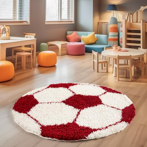 SIMPEX Hochflor Kinderteppich Rund Fußball Design Teppich Kinderzimmer Junge 120 cm Runder Teppich Rot und Weiß Spielteppich für Junge und Mädchen Extra Weich SIMPEX Hochflor Kinderteppich Rund Fußball Design Teppich Kinderzimmer Junge 120 cm Runder Teppich Rot und Weiß Spielteppich für Junge und Mädchen Extra Weich von SIMPEX