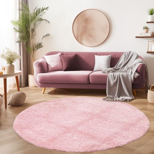 SIMPEX Flauschiger Teppich Rund Wohnzimmer Rose Schlafzimmer Läufer Flur Esszimmer Küchenteppich Hochflor Einfarbig Modernes Design 30 mm Florhöhe Kuschelweich Größe: 120 cm Rund von SIMPEX