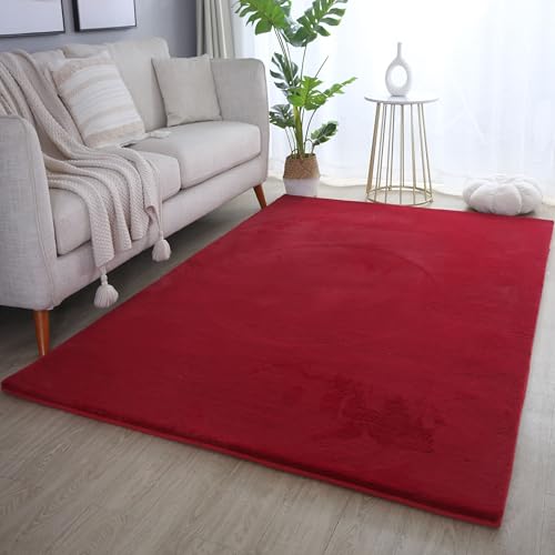 SIMPEX Teppich Wohnzimmer 120 x 170 cm Hochflor Teppich Rot Moderne Einfarbig Design - Schlafzimmer Teppich Pflegeleicht Extra Weich Extra Flauschig - Carpet Living Room Deko von SIMPEX