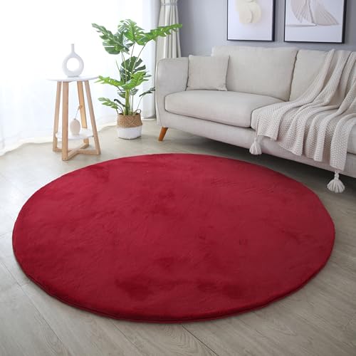 SIMPEX Hochflor Teppich, Unicolor - Einfarbig, Teppich Rot, 160 cm Rund, Teppich modernen Stil, Teppich Wohnzimmer von SIMPEX