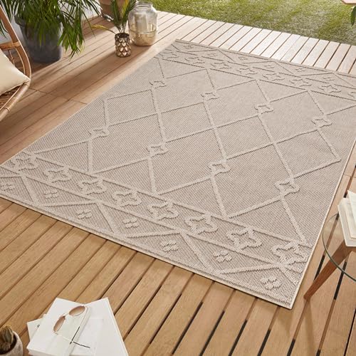 SIMPEX Outdoor Teppich Wetterfest 120 x 170 cm Beige Sisal Optik Boho Design - Balkon Teppich Wetterfest Waschbarer Küchenteppich - Für Terassen, Garten, Camping, Außen - Outdoor Carpet von SIMPEX