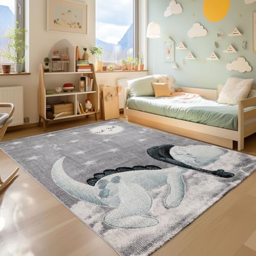 SIMPEX KinderTeppich, Dinosaurier Design, Teppich Blau, 120 x 170 cm, Teppich für Kinder, Teppich Kinderzimmer von SIMPEX