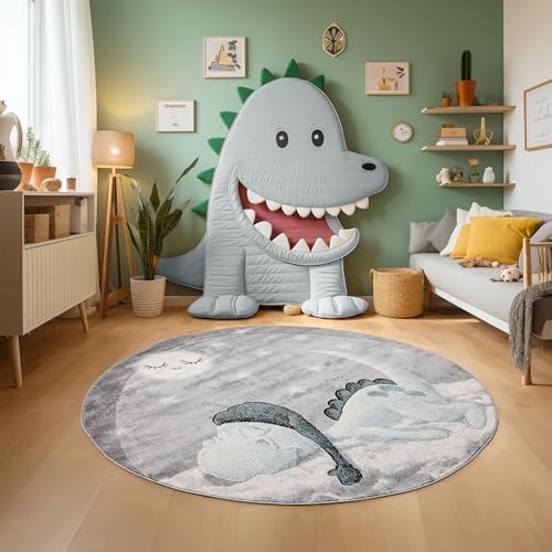 SIMPEX KinderTeppich, Dinosaurier Design, Teppich Blau, 160 cm Rund, Teppich für Kinder, Teppich Kinderzimmer von SIMPEX