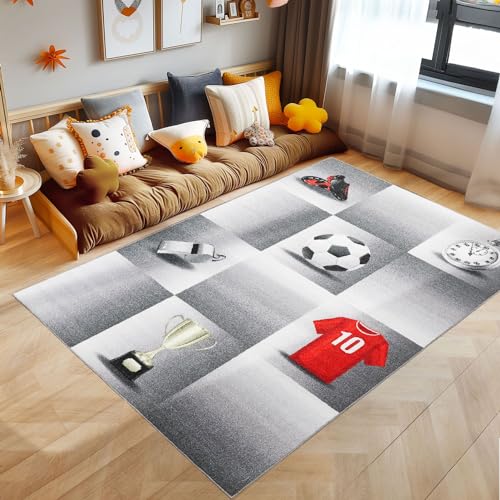 SIMPEX KinderTeppich, Fußball-Design, Teppich Grau, 80 x 120 cm, Teppich für Kinder, Teppich Kinderzimmer von SIMPEX