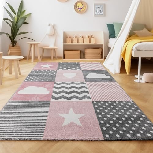 SIMPEX Teppich Kinderzimmer Herz und Stern Design Kurzflor Kinderteppich mädchen Spielteppich Modern Design Babyzimmer Teppiche für Junge und Mädchen Extra Weich und Antiallergen 200 x 290 cm von SIMPEX