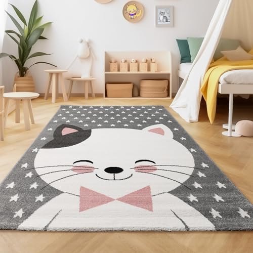 SIMPEX KinderTeppich, Niedliches Katze Design, Teppich Rosa, 120 cm Rund, Teppich für Kinder, Teppich Kinderzimmer von SIMPEX