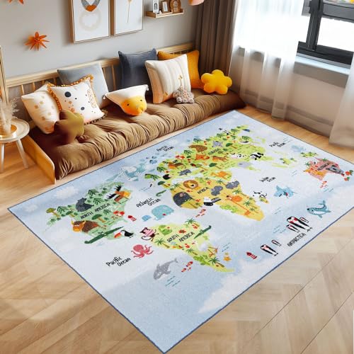 SIMPEX KinderTeppich, Weltkarte mit Tierdesign, Teppich Blau, 120 x 170 cm, Teppich für Kinder, Teppich Kinderzimmer von SIMPEX