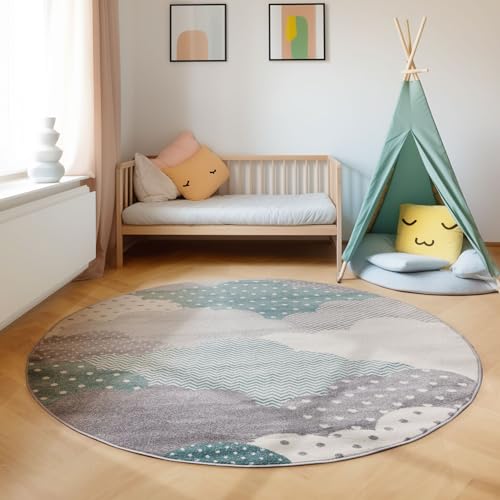 SIMPEX KinderTeppich, Wolken Design, Teppich Blau, 120 cm Rund, Teppich für Kinder, Teppich Kinderzimmer von SIMPEX