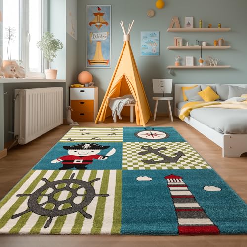 SIMPEX Teppich Kinderzimmer Piraten-Kompass-Anker-Leuchtturm Design Kurzflor Kinderteppich mädchen Spielteppich Modern Design Babyzimmer Teppiche für Junge und Mädchen Extra Weich 160 x 230 cm von SIMPEX