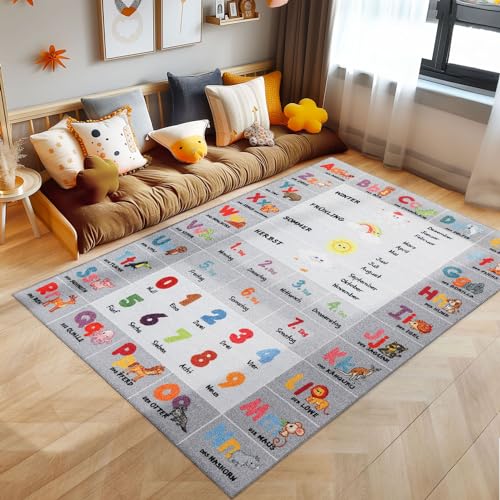 SIMPEX KinderTeppich, Alphabet - Buchstaben - Zahlen - Tiere, Teppich Grau, 140 x 200 cm, Teppich für Kinder, Teppich Kinderzimmer von SIMPEX