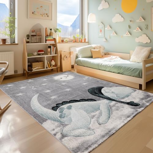 SIMPEX KinderTeppich, Dinosaurier Design, Teppich Blau, 200 x 290 cm, Teppich für Kinder, Teppich Kinderzimmer von SIMPEX