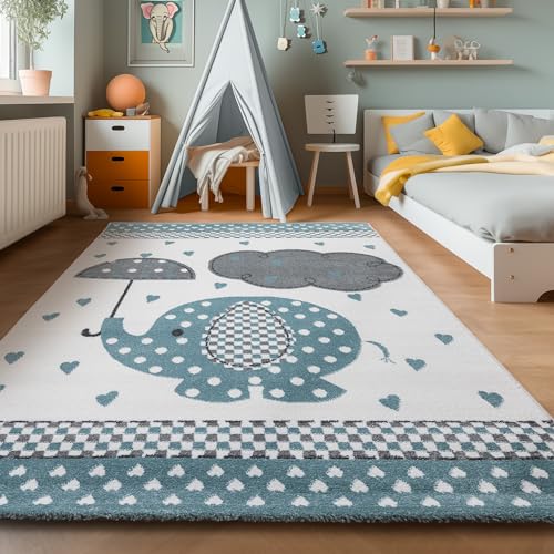 SIMPEX Teppich Kinderzimmer Elefanten-Design Kurzflor Kinderteppich mädchen Spielteppich Modern Design Babyzimmer Teppiche für Junge und Mädchen Extra Weich 120 x 170 cm von SIMPEX