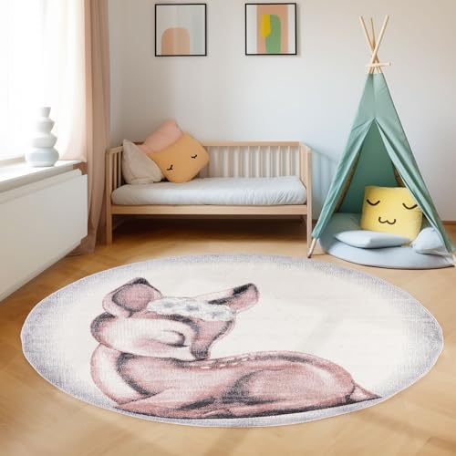 SIMPEX KinderTeppich, Rehkitz Design, Teppich Rosa, 160 cm Rund, Teppich für Kinder, Teppich Kinderzimmer von SIMPEX