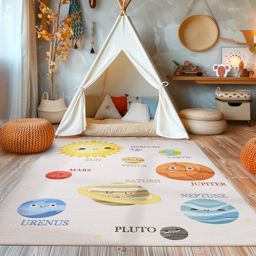 SIMPEX Kinderteppich Spieltepppich Für Kinderzimmer Mit Planeten Sonnensystem Babyzimmer Teppiche Spielteppich für Jungen und Mädchen Teppich Creme Waschbar und rutschfest 140 x 200 cm, Rechteckig von SIMPEX