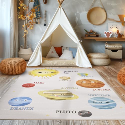 SIMPEX Kinderteppich Spieltepppich Für Kinderzimmer Mit Planeten Sonnensystem Babyzimmer Teppiche Spielteppich für Jungen und Mädchen Teppich Beige Waschbar und rutschfest 140 x 200 cm, Rechteckig von SIMPEX