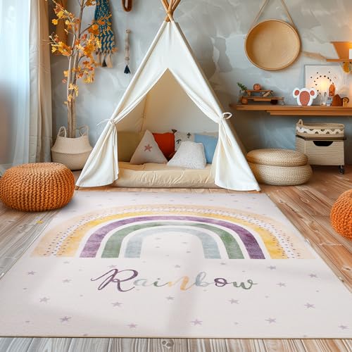 SIMPEX Kinderteppich Teppich Kinderzimmer Regenbogen Design Moderner Babyzimmerteppich Teppiche Spielteppich für Jungen und Mädchen Teppich Creme Waschbar und rutschfest 140 x 200 cm, Rechteckig von SIMPEX