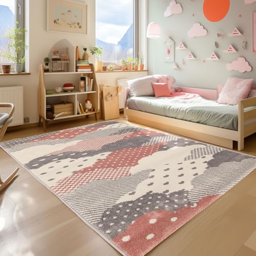 SIMPEX KinderTeppich, Wolken Design, Teppich Rosa, 140 x 200 cm, Teppich für Kinder, Teppich Kinderzimmer von SIMPEX