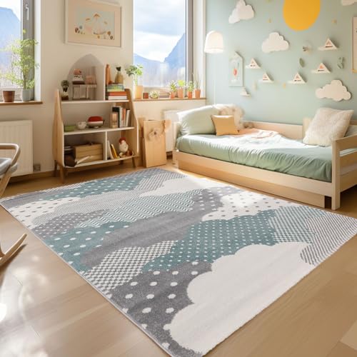 SIMPEX Kinderteppich Wolken Design, Teppich Blau, 160 x 230 cm, Teppich für Kinder, Kinderzimmer von SIMPEX