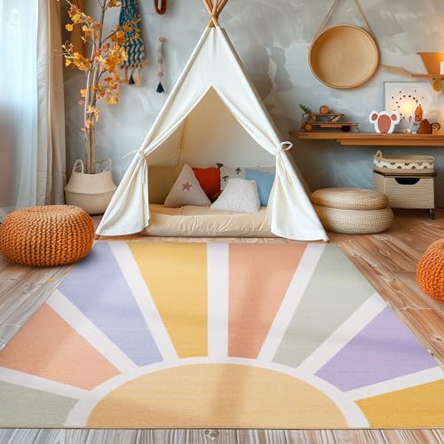 SIMPEX Kinderzimmer Teppich Regenbogen Design Kinderteppich Babyzimmer Teppiche Spielteppich für Jungen und Mädchen Teppich Bunt Waschbar und rutschfest 100 x 150 cm, Rechteckig von SIMPEX