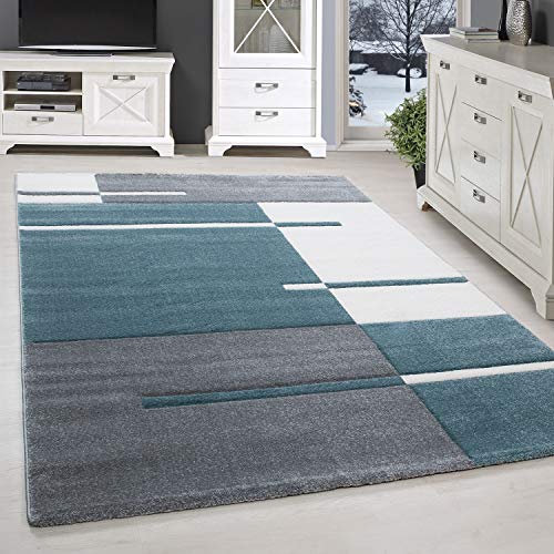 SIMPEX Kurzflor Teppich, Kariert Design, Teppich Blau, 80 x 150 cm, Teppich modernen Stil, Teppich Wohnzimmer von SIMPEX