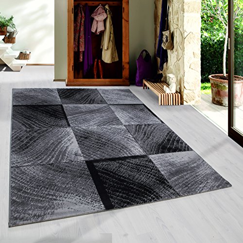 SIMPEX Kurzflor Teppich, Kariert Design, Teppich Schwarz, 160 x 230 cm, Teppich modernen Stil, Teppich Wohnzimmer von SIMPEX