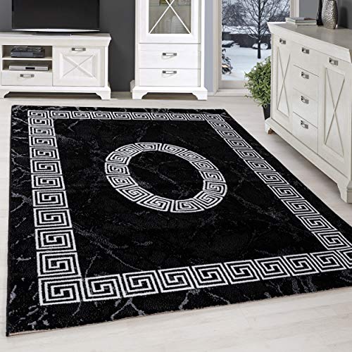 SIMPEX Kurzflor Teppich, Mäander-Design, Teppich Schwarz, 200 x 290 cm, Teppich modernen Stil, Teppich Wohnzimmer von SIMPEX