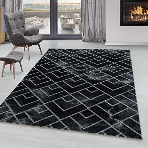 SIMPEX Kurzflor Teppich, Marmor Design, Teppich Silberfarbe, 140 x 200 cm, Teppich skandinavischen Stil, Teppich Wohnzimmer von SIMPEX