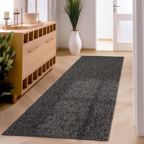 SIMPEX Moderner Kurzflor Teppich Wohnzimmer Schlafzimmer Küchenteppich Läufer Flur Teppichläufer Meliertes Design Weich und Pflegeleicht Jute Rücken Farbe: Anthrazit Größe: 80 x 150 cm von SIMPEX