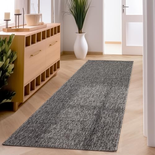 SIMPEX Moderner Kurzflor Teppich Wohnzimmer Schlafzimmer Küchenteppich Läufer Flur Teppichläufer Meliertes Design Weich und Pflegeleicht Jute Rücken Farbe: Grau Größe: 80 x 150 cm von SIMPEX