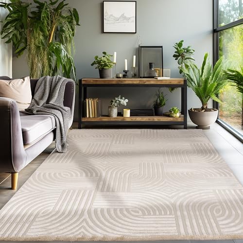 Kurzflor Teppich Wohnzimmer Beige Schlafzimmer Esszimmer Läufer Flur Küchenteppich Boho Teppich 3D Design Skandinavischer Stil Modern Weich, Beige, 200 x 290 cm von SIMPEX