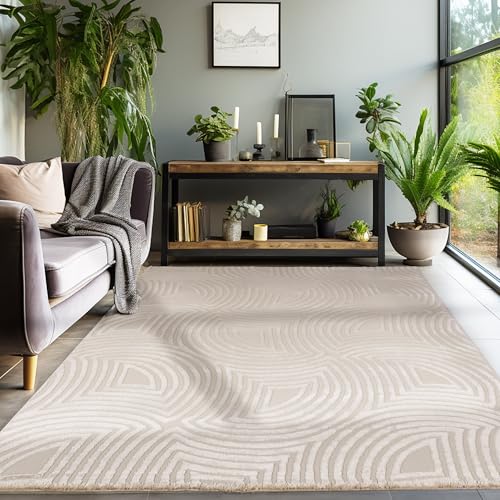 SIMPEX Kurzflor Teppich Wohnzimmer Beige Schlafzimmer Esszimmer Läufer Flur Küchenteppich Boho Teppich 3D Design Skandinavischer Stil Modern Weich, Beige, 200 x 290 cm von SIMPEX