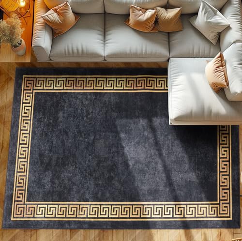 SIMPEX Kurzflor Teppich Wohnzimmer Schlafzimmer Läufer Flur Waschbarer Teppich Weich Vintage Stil, Wohnzimmerteppich, Farbe: Schwarz, Größe: 200 x 290 cm von SIMPEX