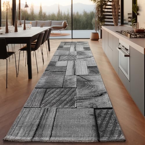 SIMPEX Teppich Wohnzimmer Schlafzimmer Esszimmer Teppich Läufer Flur Küchenteppich Modernes Holz Design Soft & Weich Kurzflor Pflegeleicht Home Farbe: Schwarz, 80 x 150 cm, von SIMPEX