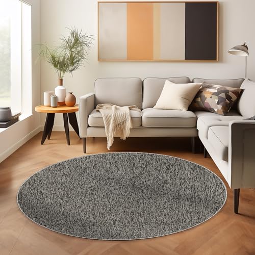 SIMPEX Moderner Kurzflor Teppich Rund Wohnzimmer Schlafzimmer Küchenteppich Läufer Flur Teppichläufer Meliertes Design Weich und Pflegeleicht Jute Rücken, Farbe: Anthrazit, Größe: 160 cm Rund von SIMPEX