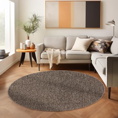 SIMPEX Moderner Kurzflor Teppich Rund Wohnzimmer Schlafzimmer Küchenteppich Läufer Flur Teppichläufer Meliertes Design Weich und Pflegeleicht Jute Rücken, Farbe: Braun, Größe: 120 cm Rund von SIMPEX